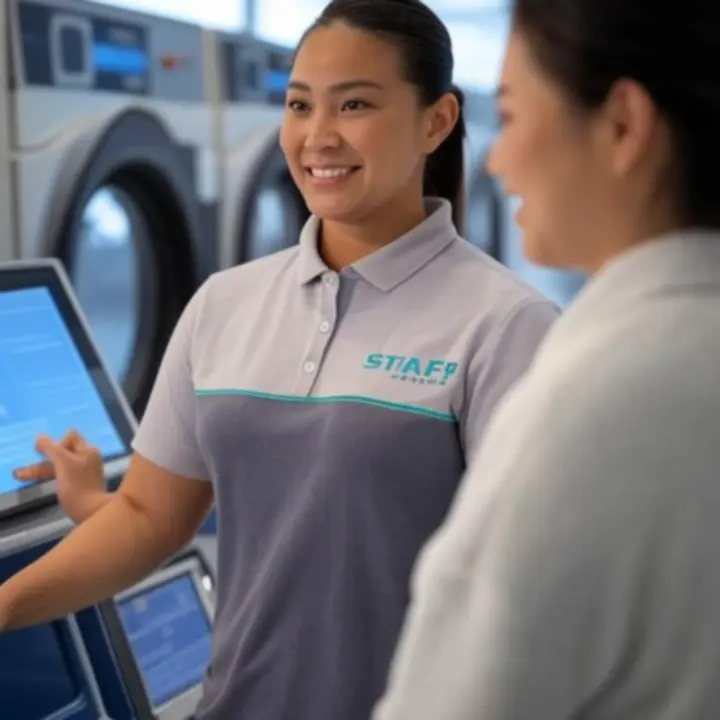 Ügyfél mosási útmutatást kap önkiszolgáló mosodában