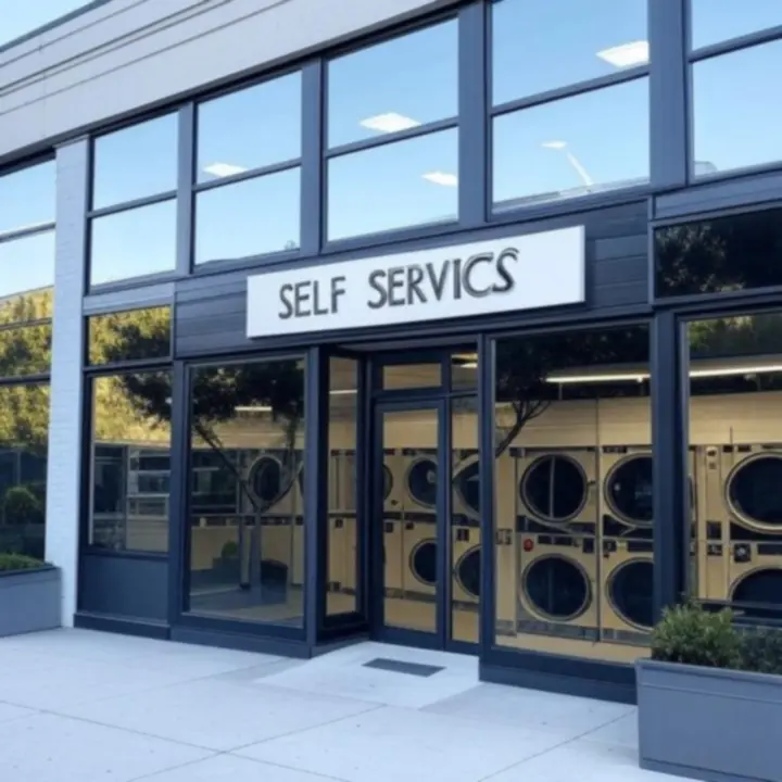 Wash Point Magyar modern önkiszolgáló mosoda utcafrontja tiszta, rendezett környezettel.