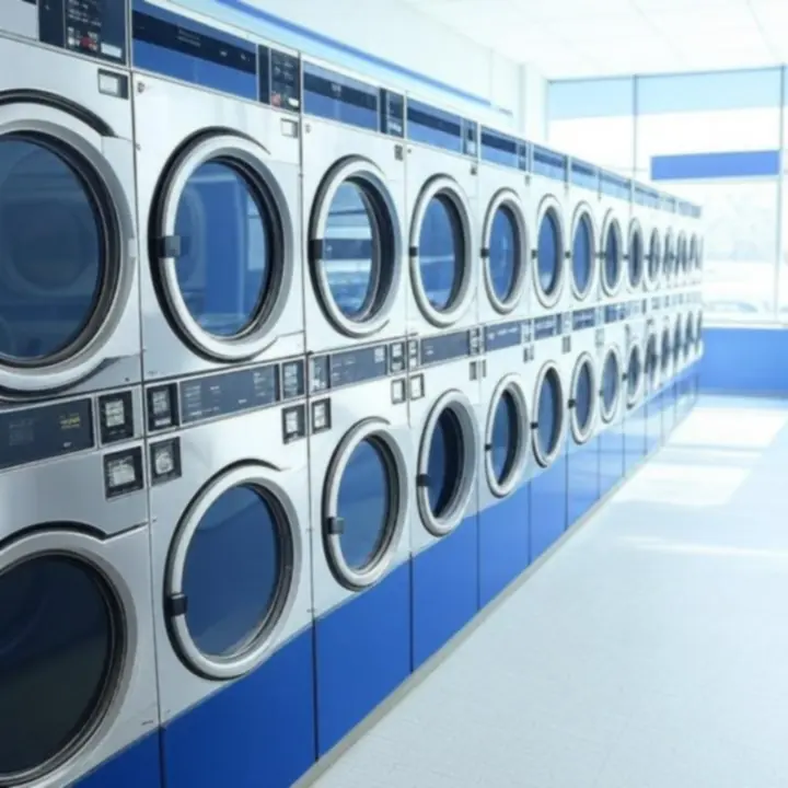 Modern önkiszolgáló mosoda belső tere sorban elhelyezett korszerű mosó- és szárítógépekkel.