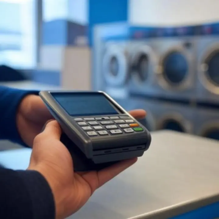 Modern érintés nélküli fizetést támogató terminál a mosodában