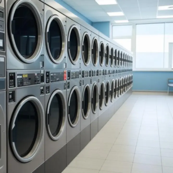 Modern önkiszolgáló mosógépek sora a Wash Point Magyar mosodában